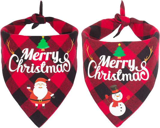 2 Pack Dog Bandana Christmas Classic Plaid Pet Scarf Triangle Bibs Kerchief Merry Christmas Santa Snowman Print Pet Bandana for Small Medium Large Dogs Cats Pets (Red & Red)