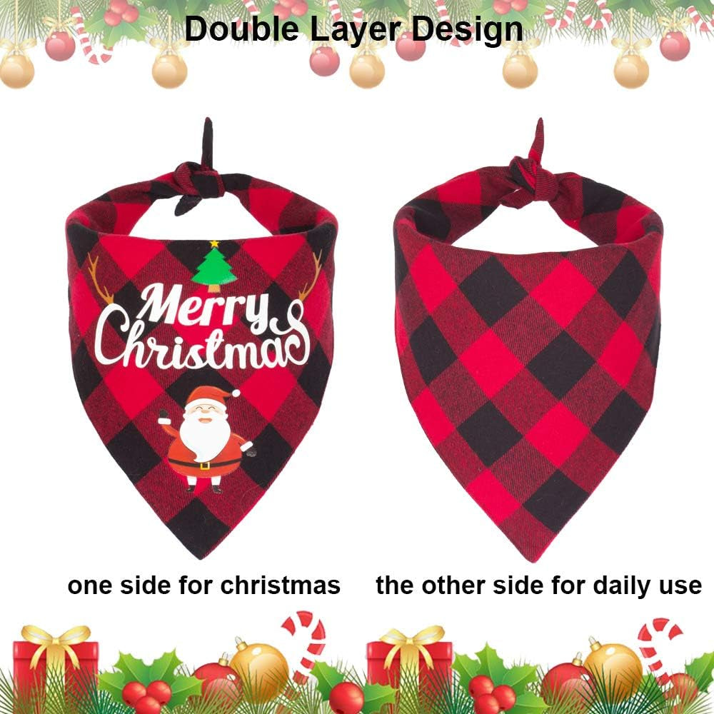 2 Pack Dog Bandana Christmas Classic Plaid Pet Scarf Triangle Bibs Kerchief Merry Christmas Santa Snowman Print Pet Bandana for Small Medium Large Dogs Cats Pets (Red & Red)